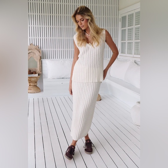 62. Free People Veda Sweater Set Ivory Ribbed Maxi Pencil Skirt 2 In 1 Size S - Picture 7 of 17